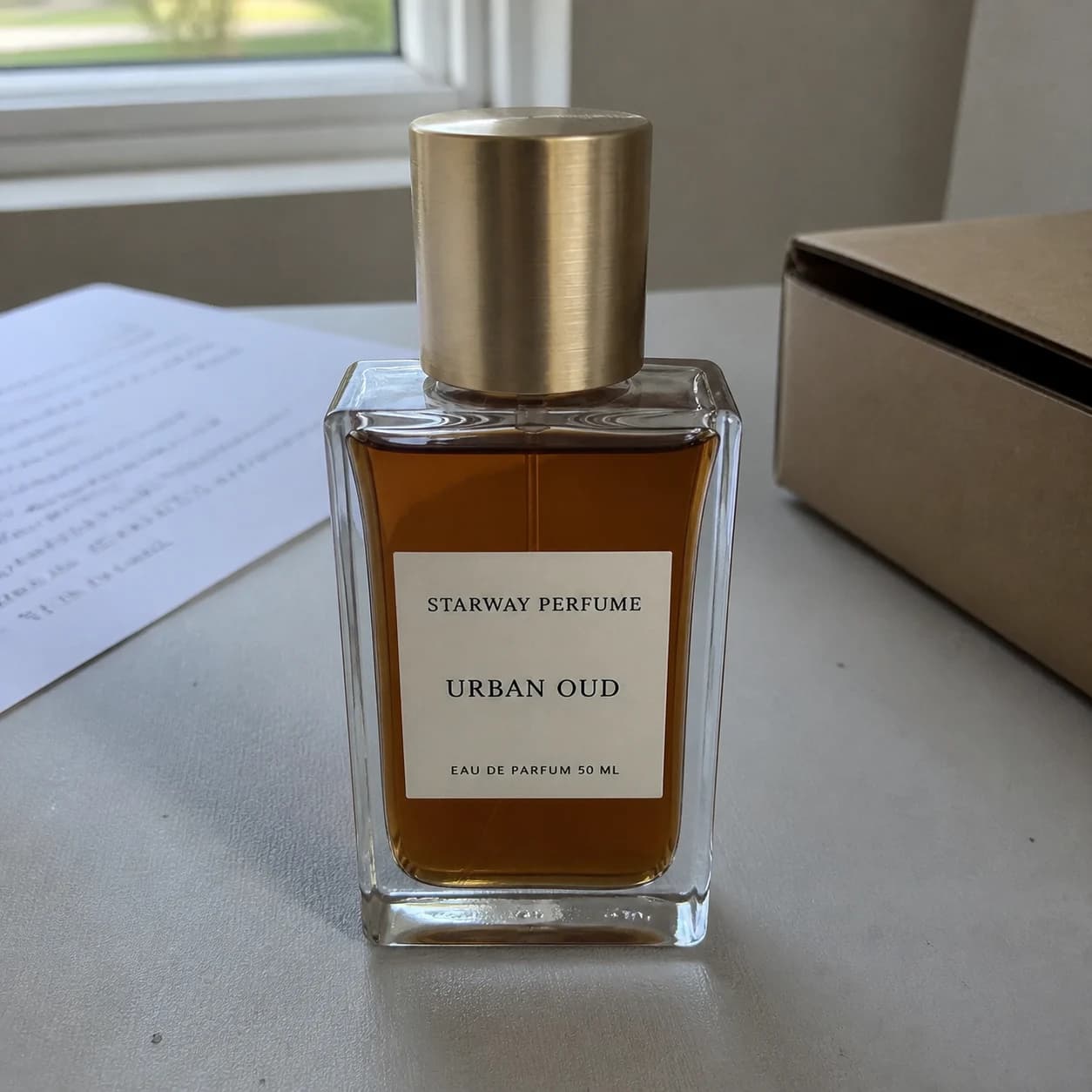 Raw phone photo of an Urban Oud perfume bottle on a worktable
